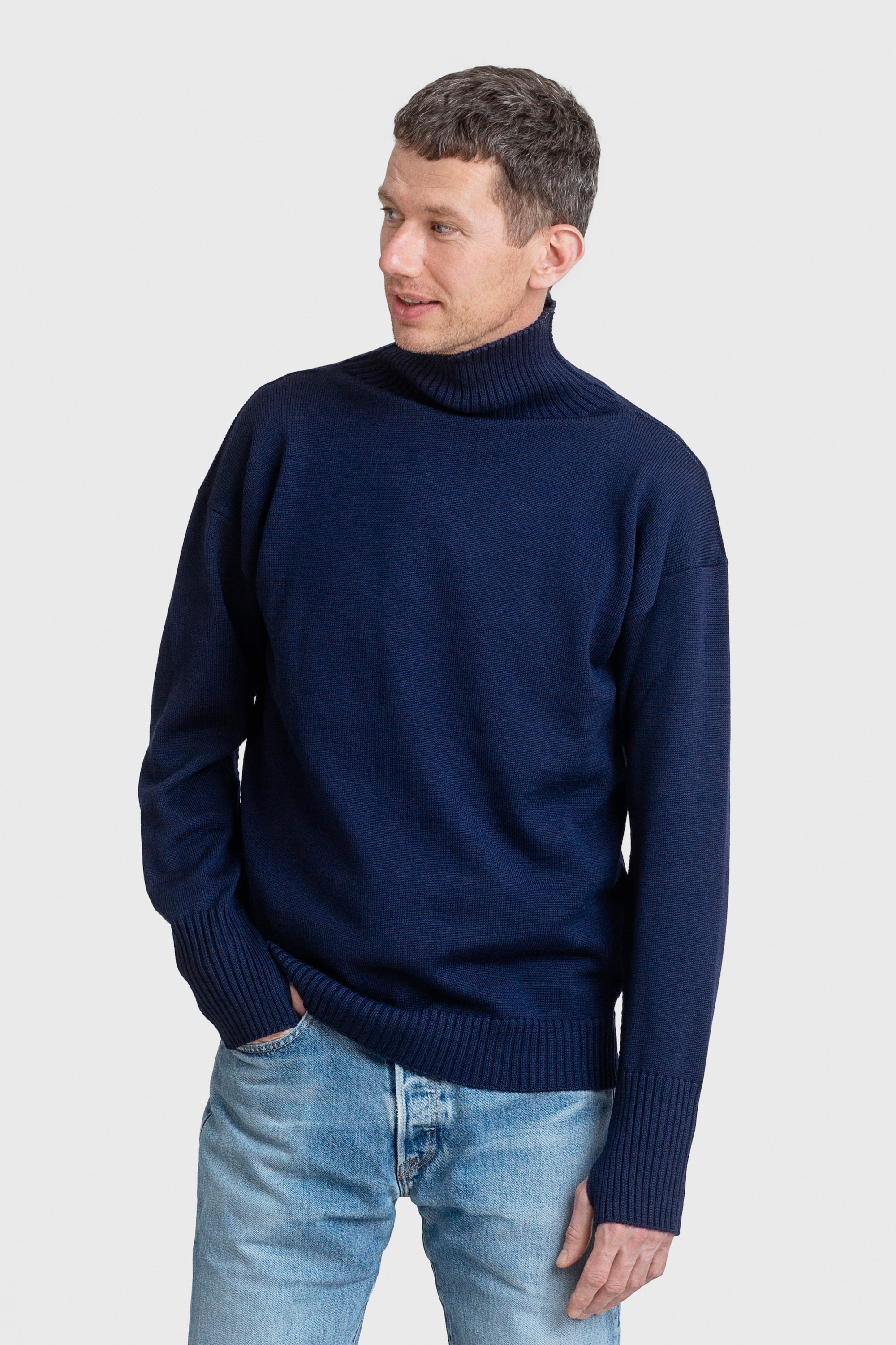 Max wearing Seaman Turtleneck in Royal Blue
